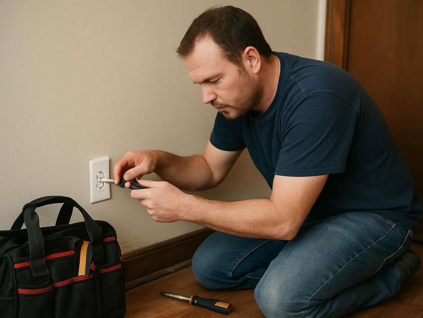 A man kneels on a hardwood floor, using a screwdriver to work on a wall outlet near a tool bag