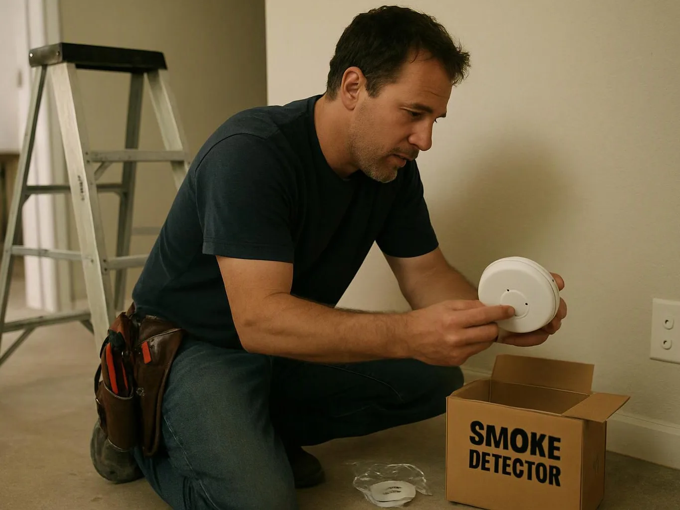 A man kneels indoors, inspecting a smoke detector near an open cardboard box and ladder