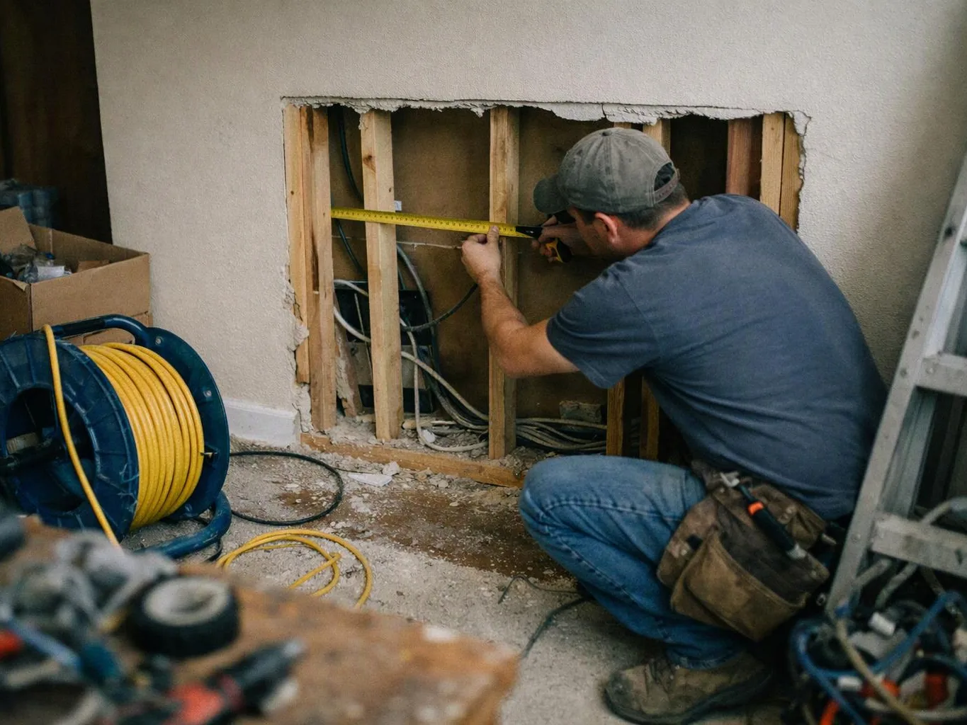 A man kneels and measures exposed wall framing with a tape measure in a renovation site