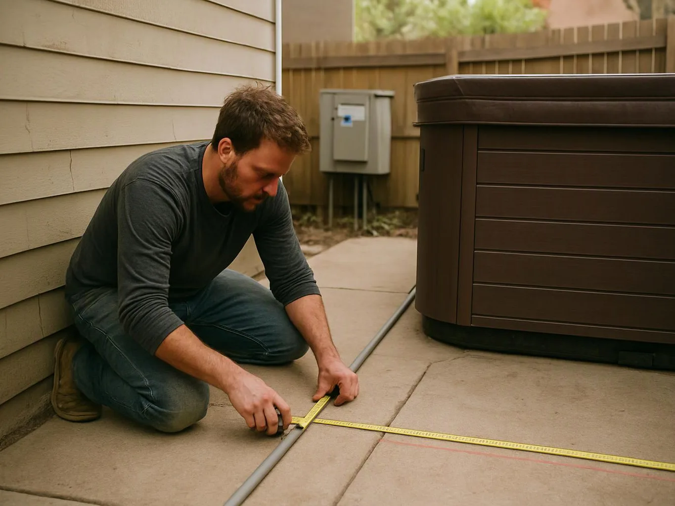 A man kneels on a patio, measuring beside a hot tub and a pipe with a tape measure
