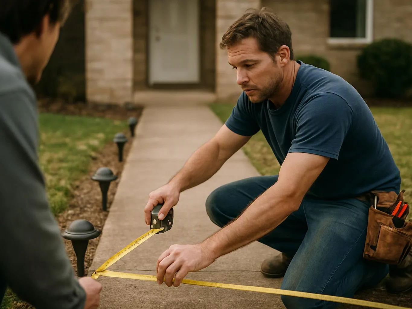 A man kneels on a sidewalk measuring a line while another person stands nearby near a house entrance