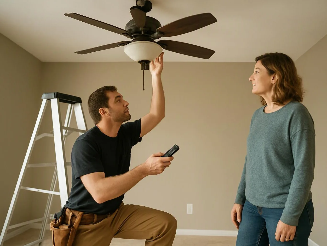 A man kneels under a ceiling fan while holding a remote and a woman watches beside a ladder in a room