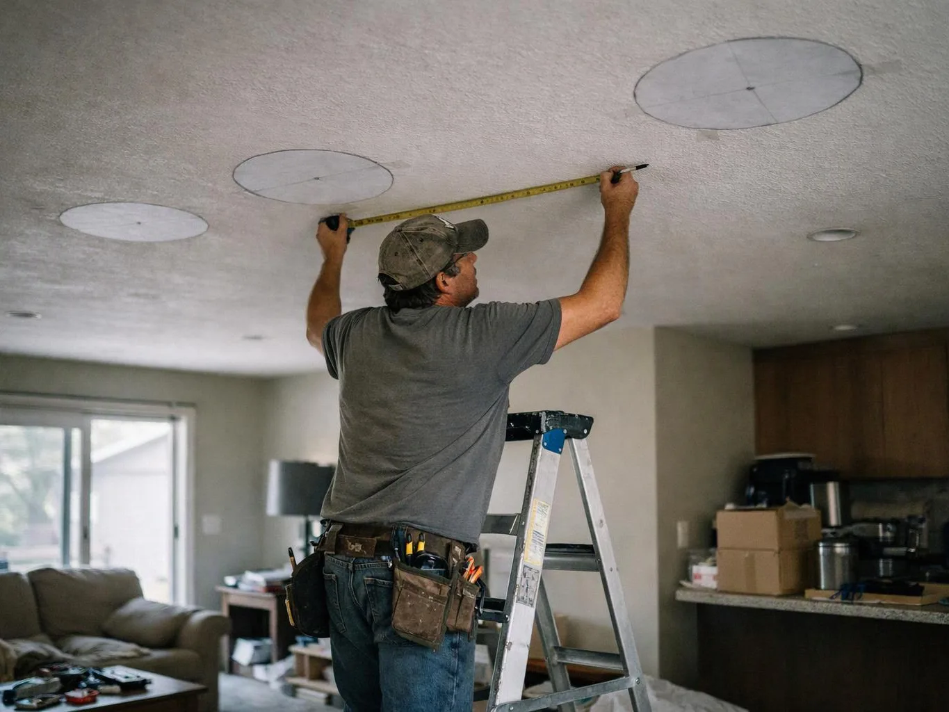 A man on a ladder measures circles marked on a ceiling in a living room