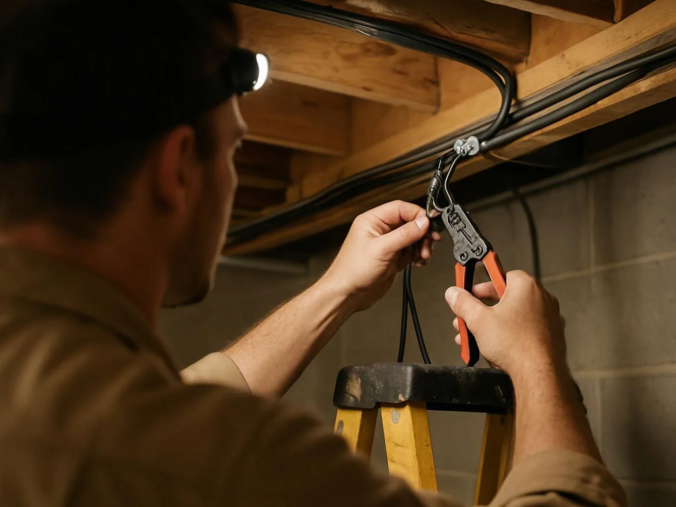 A man on a ladder uses pliers to work on black cables under wooden beams in a basement