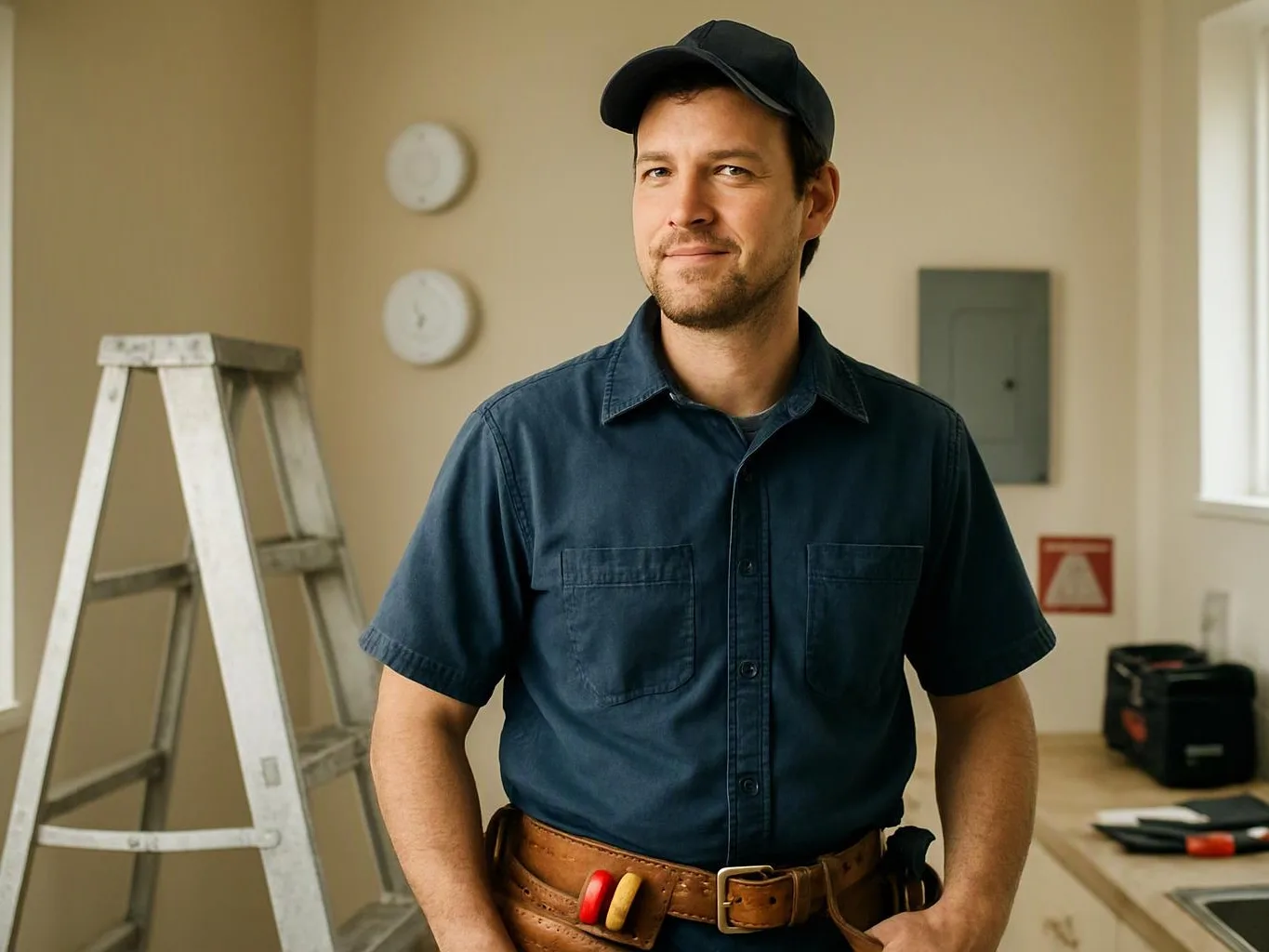 A man in a navy work shirt and cap stands in a room with a ladder, tools, and wall fixtures