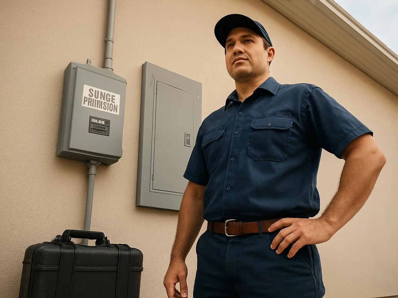 A man in a navy work uniform stands by wall-mounted electrical panels with a black case beside him
