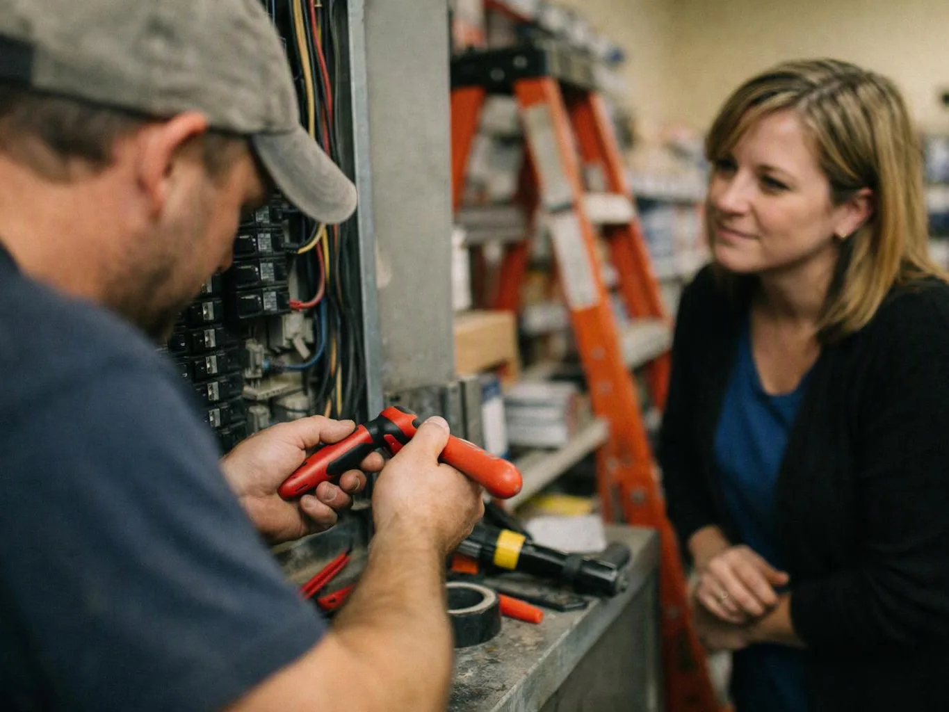 A man repairs an electrical panel while a woman watches nearby in a workshop
