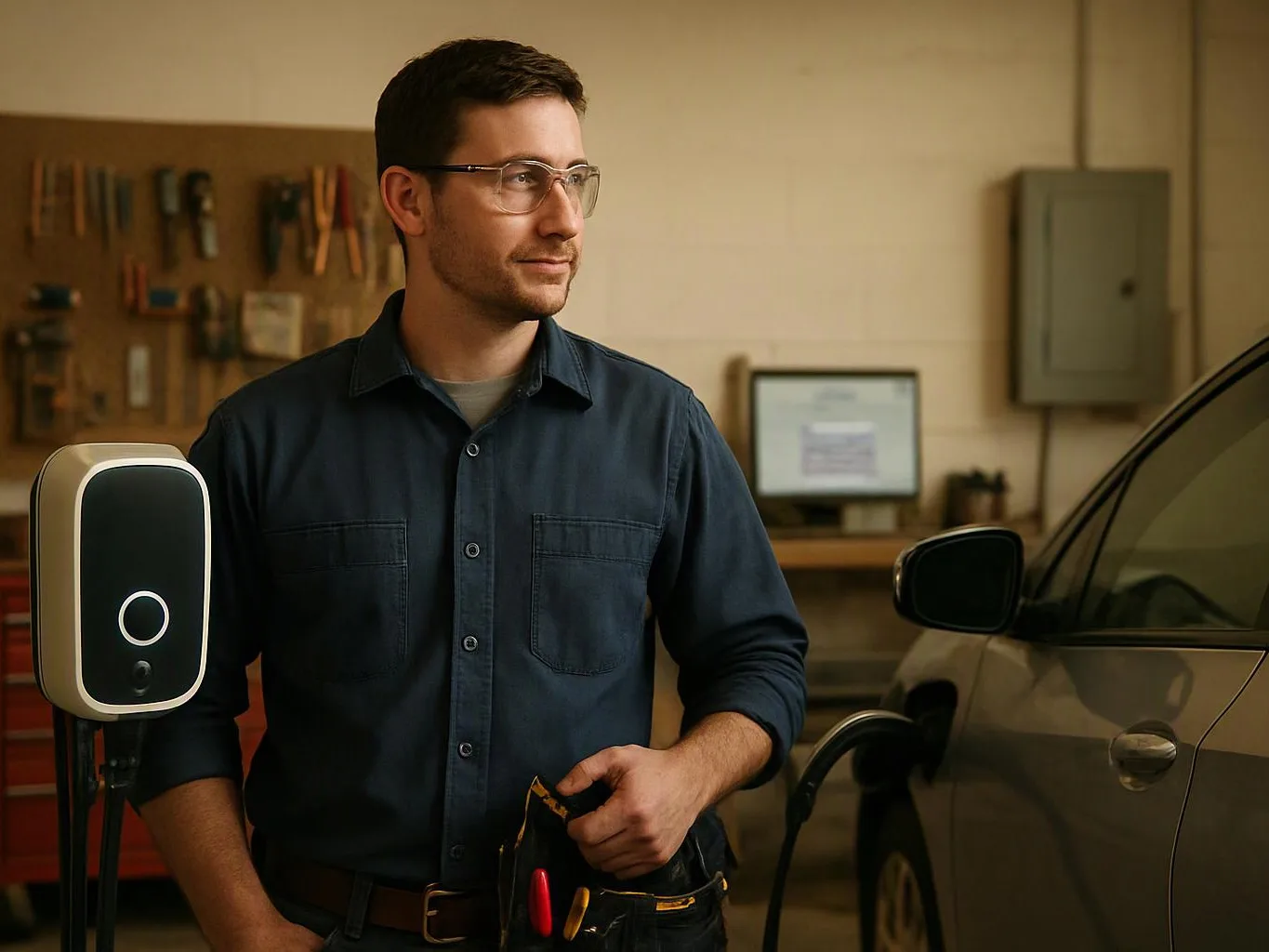 A man in safety glasses stands beside an electric car charger in a workshop, holding tools and looking right