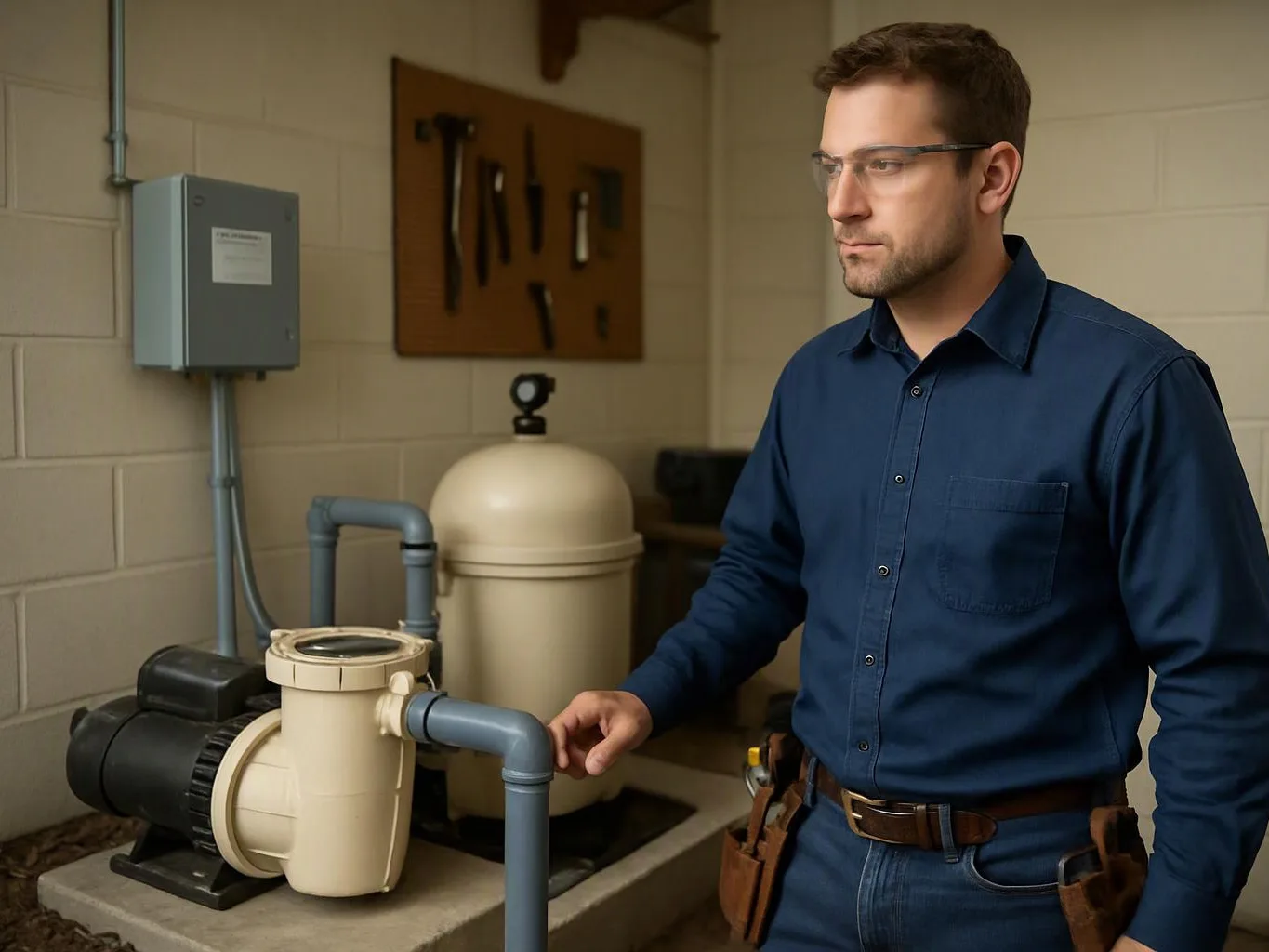 A man in safety glasses stands beside a pool pump and pipes in a utility room