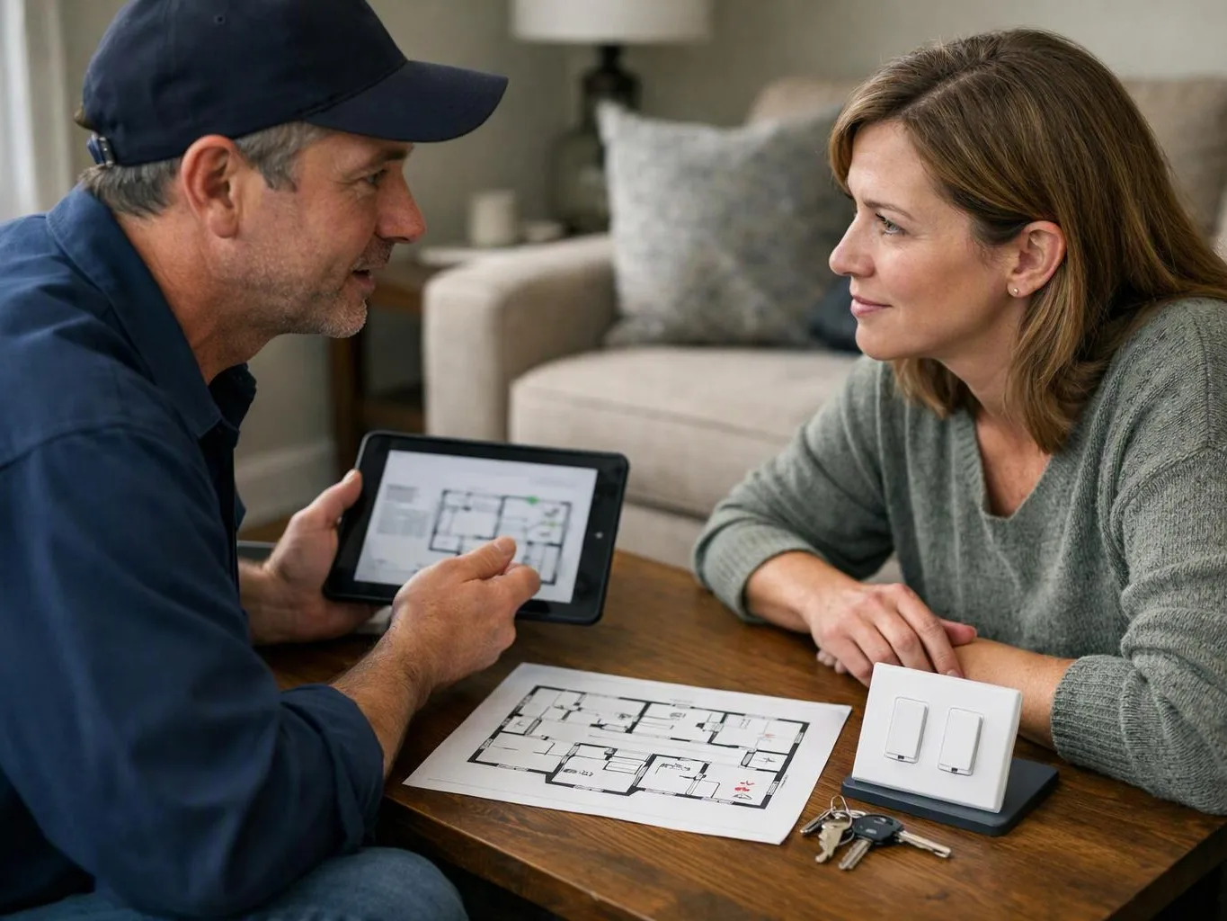 A man shows a floor plan on a tablet to a woman across a coffee table in a living room