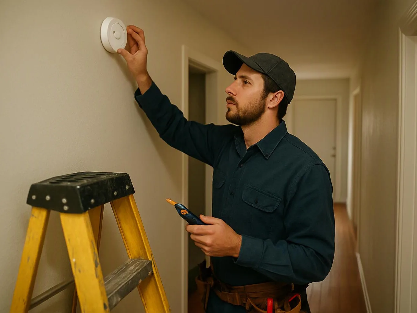 A man on a step ladder checks a wall smoke detector in a hallway while holding a tool