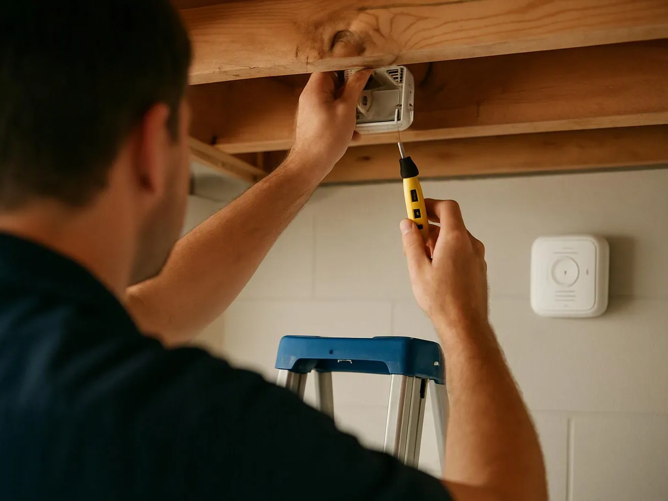 A man on a step ladder tests a ceiling electrical box with a screwdriver under exposed wooden beams