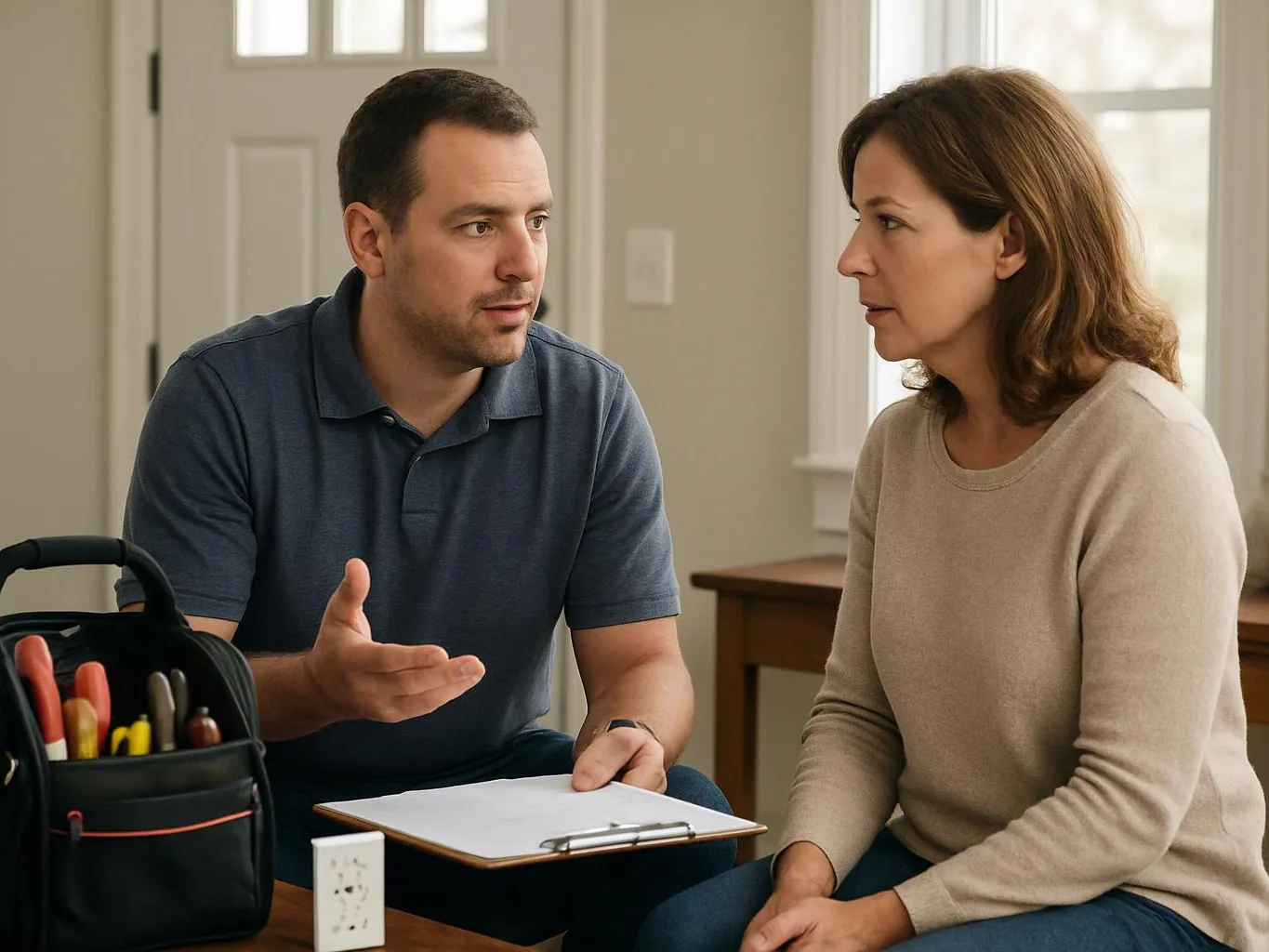 A man talks with a woman in a bright room, holding a clipboard beside a tool bag on the table