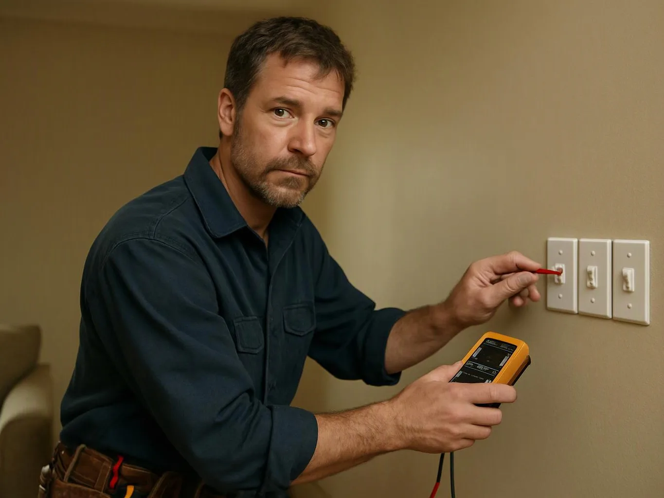 A man tests a wall light switch with a handheld meter in a beige room