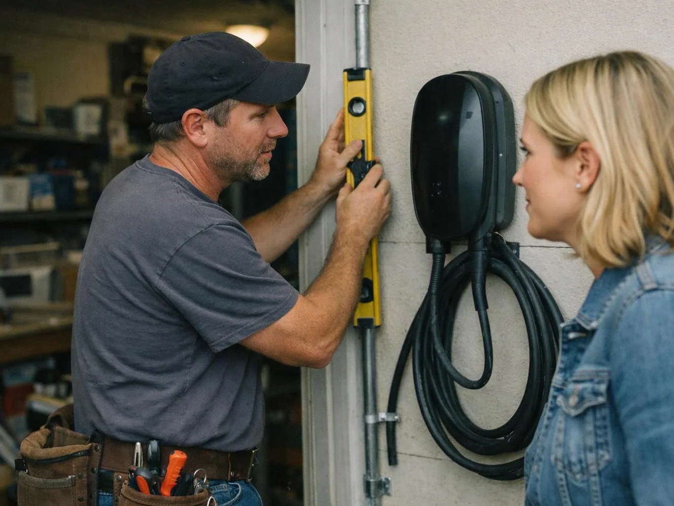 A man uses a level beside a mounted black device while a woman watches nearby indoors