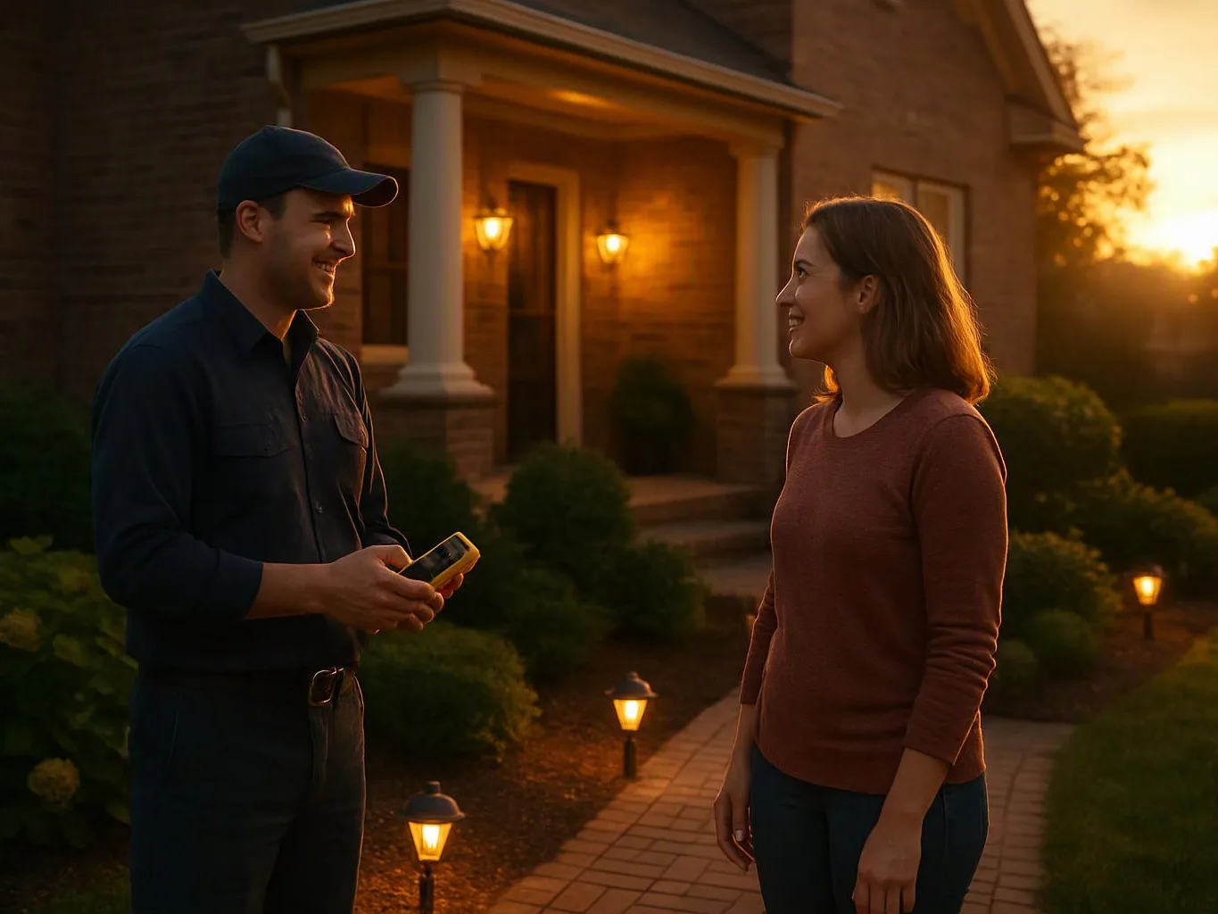 A man and woman smile while talking on a brick walkway outside a house at sunset