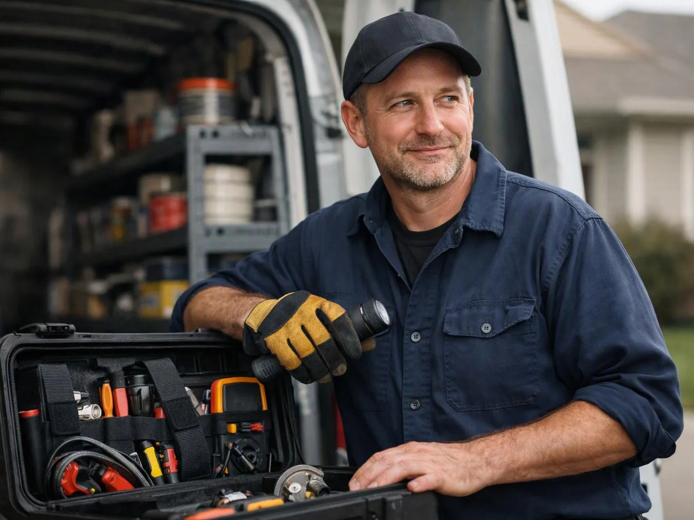 A man in work clothes stands by an open van, holding a flashlight beside a case of tools