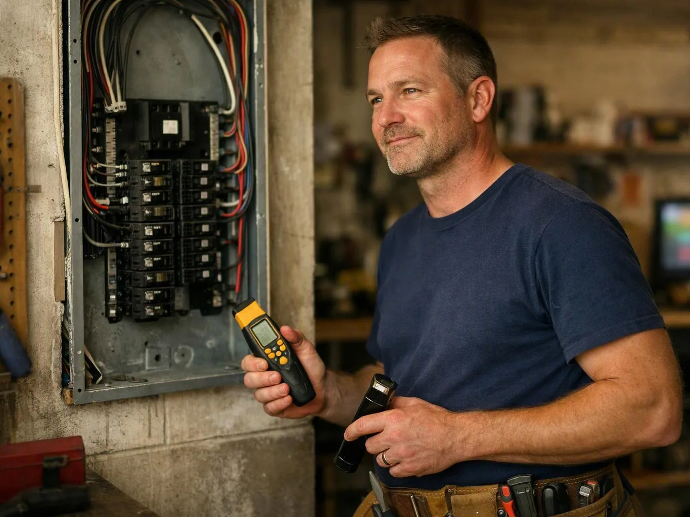 A man in a workshop checks an open electrical panel while holding two handheld testing tools