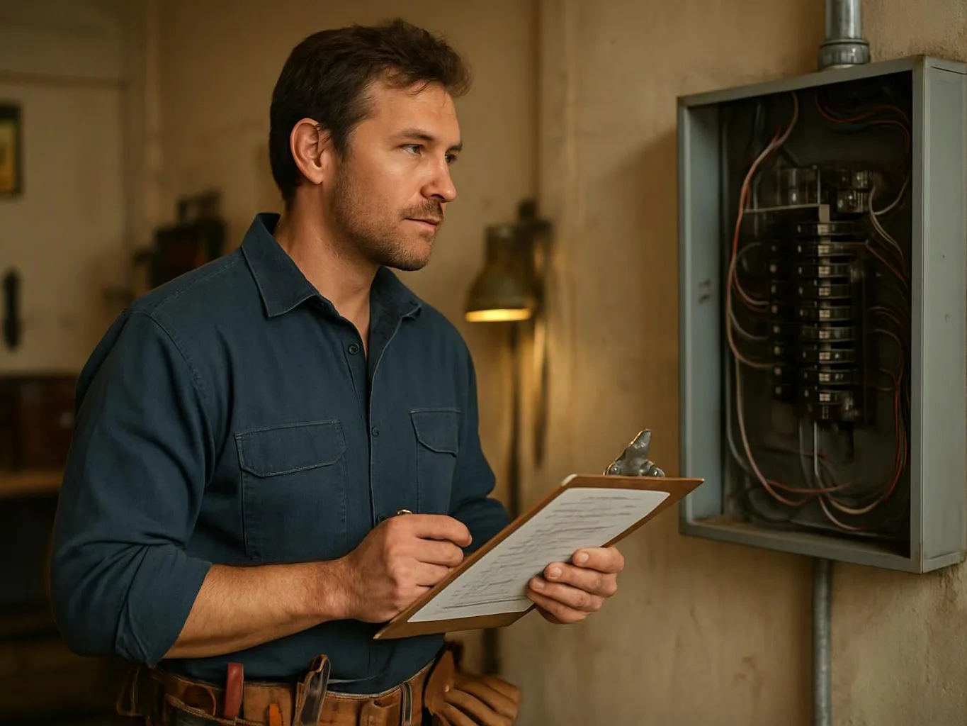 A man writes on a clipboard beside an open electrical breaker panel in a dim room