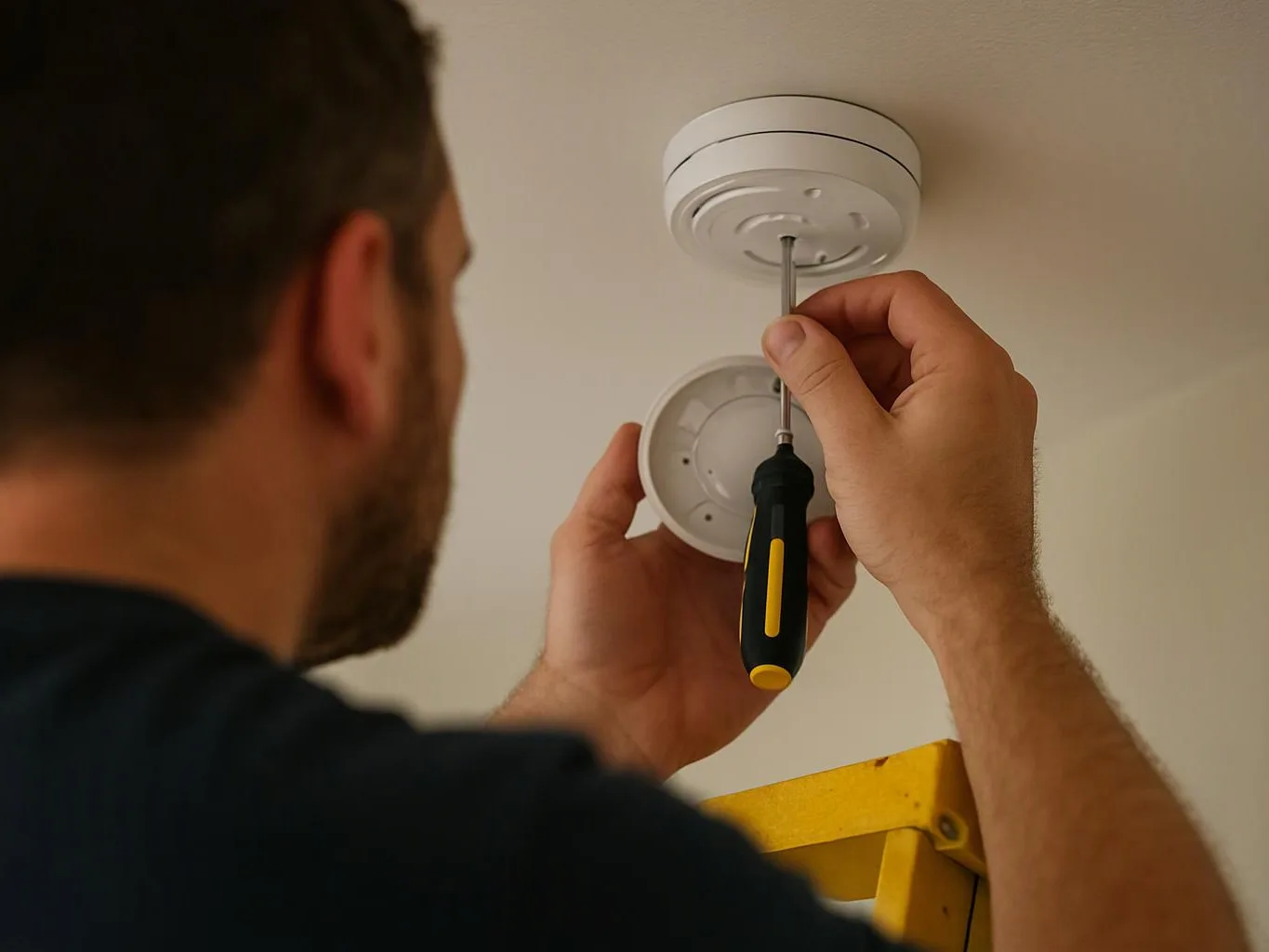 A man on a yellow ladder installs a ceiling smoke alarm with a screwdriver