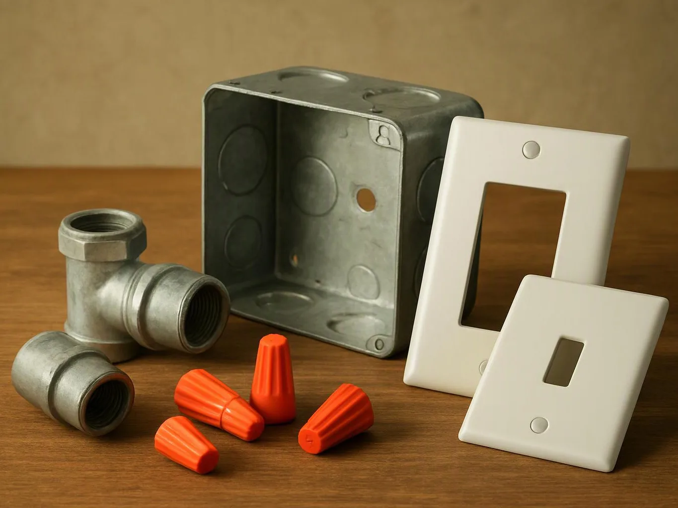 Metal electrical boxes, conduit fittings, wall plates, and orange wire nuts sit on a wooden table