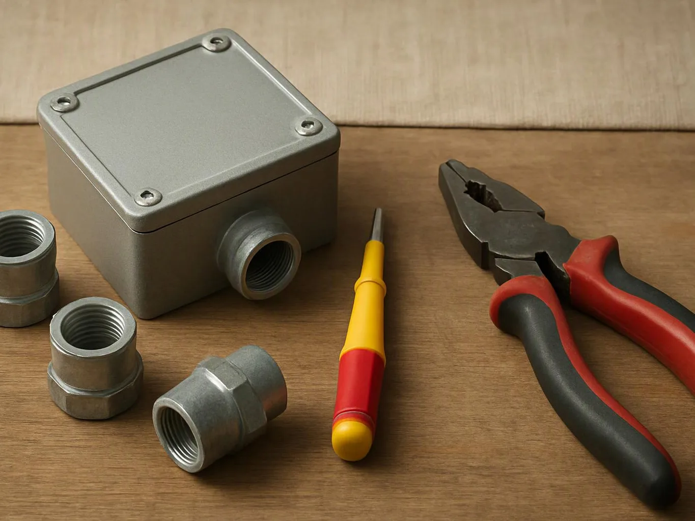 A metal junction box, pipe fittings, pliers, and a screwdriver sit on a wooden work surface