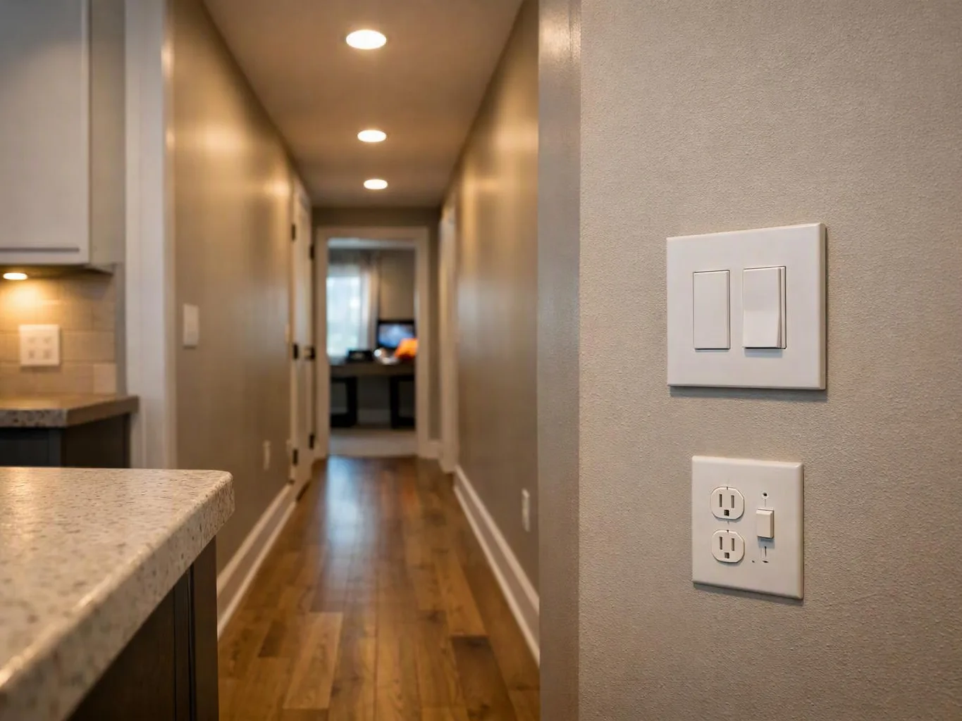 A narrow hallway with wood floors and recessed lights leads to a room