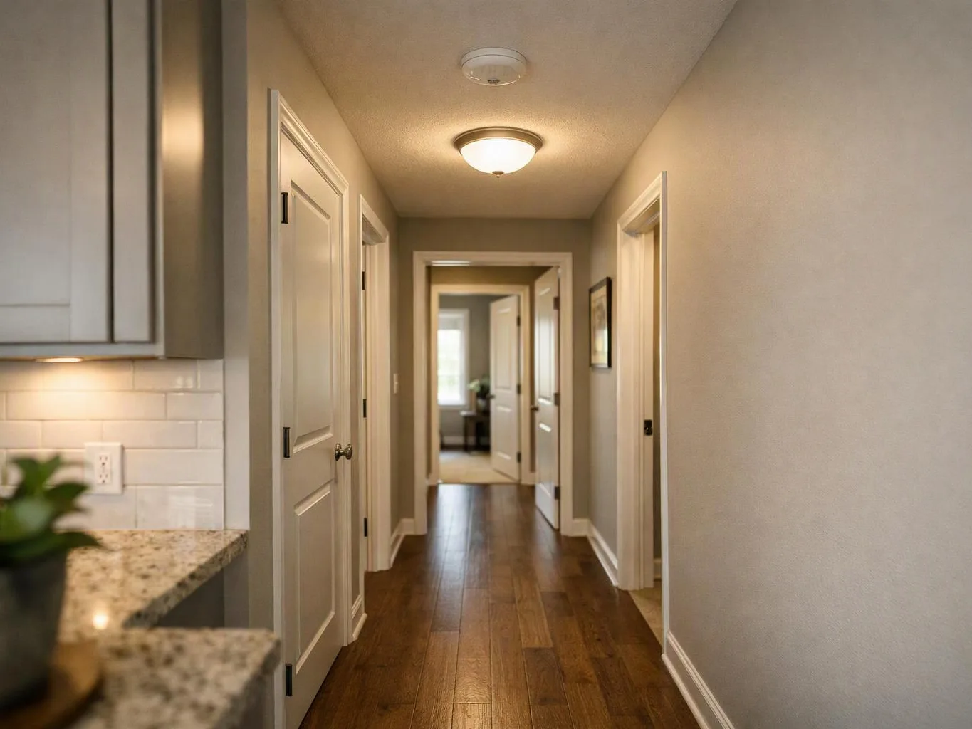 A narrow hallway with wood floors and white doors leads past a kitchen counter into a lit room