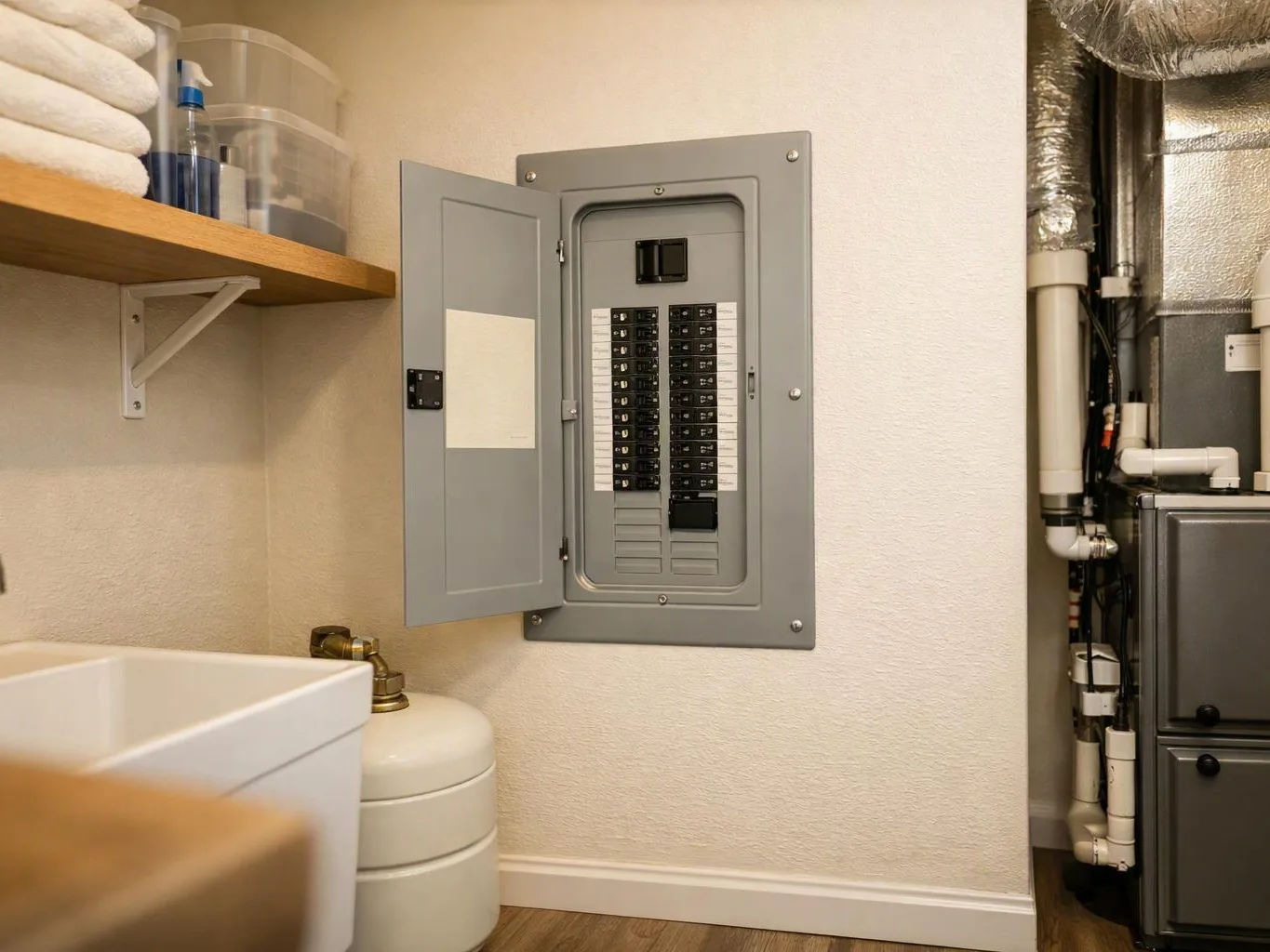 An open electrical breaker panel sits on a wall beside shelves, plumbing pipes, and utility equipment