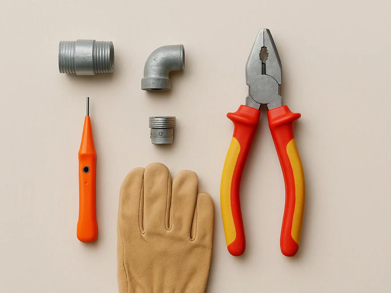 A pair of insulated pliers, a screwdriver, a work glove, and metal pipe fittings lie on a light background