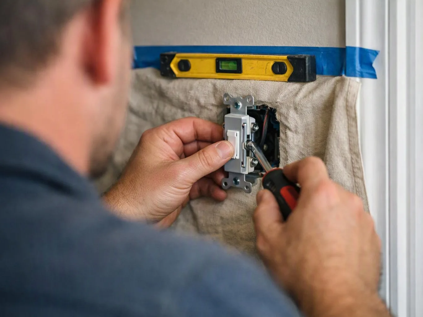 A person installs a wall light switch with a screwdriver, with a level and tape marking the opening
