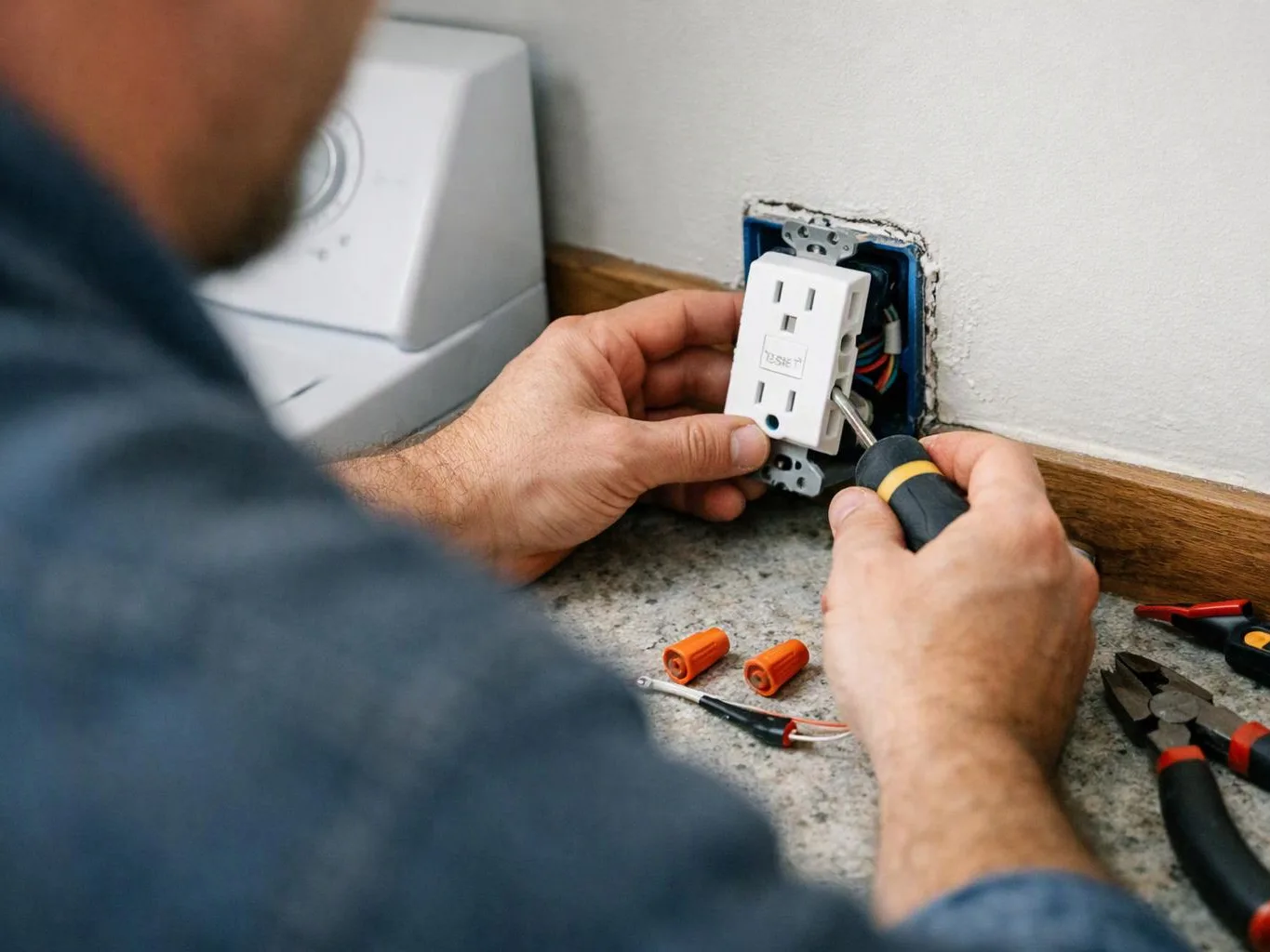 A person installs a wall outlet with a screwdriver beside loose wire connectors and tools on a countertop