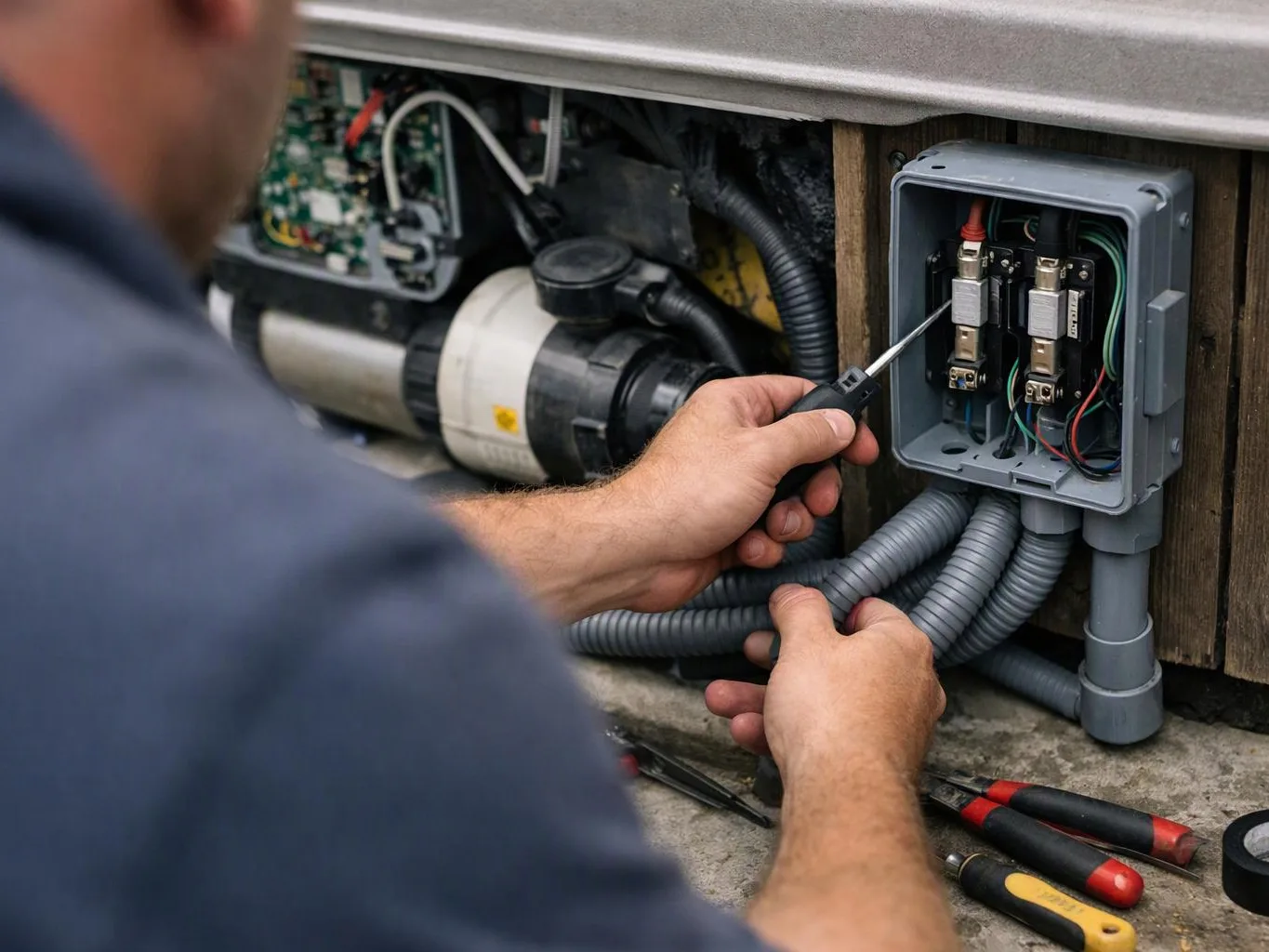 A person repairs an open electrical box outdoors, using a screwdriver beside exposed wires and tools