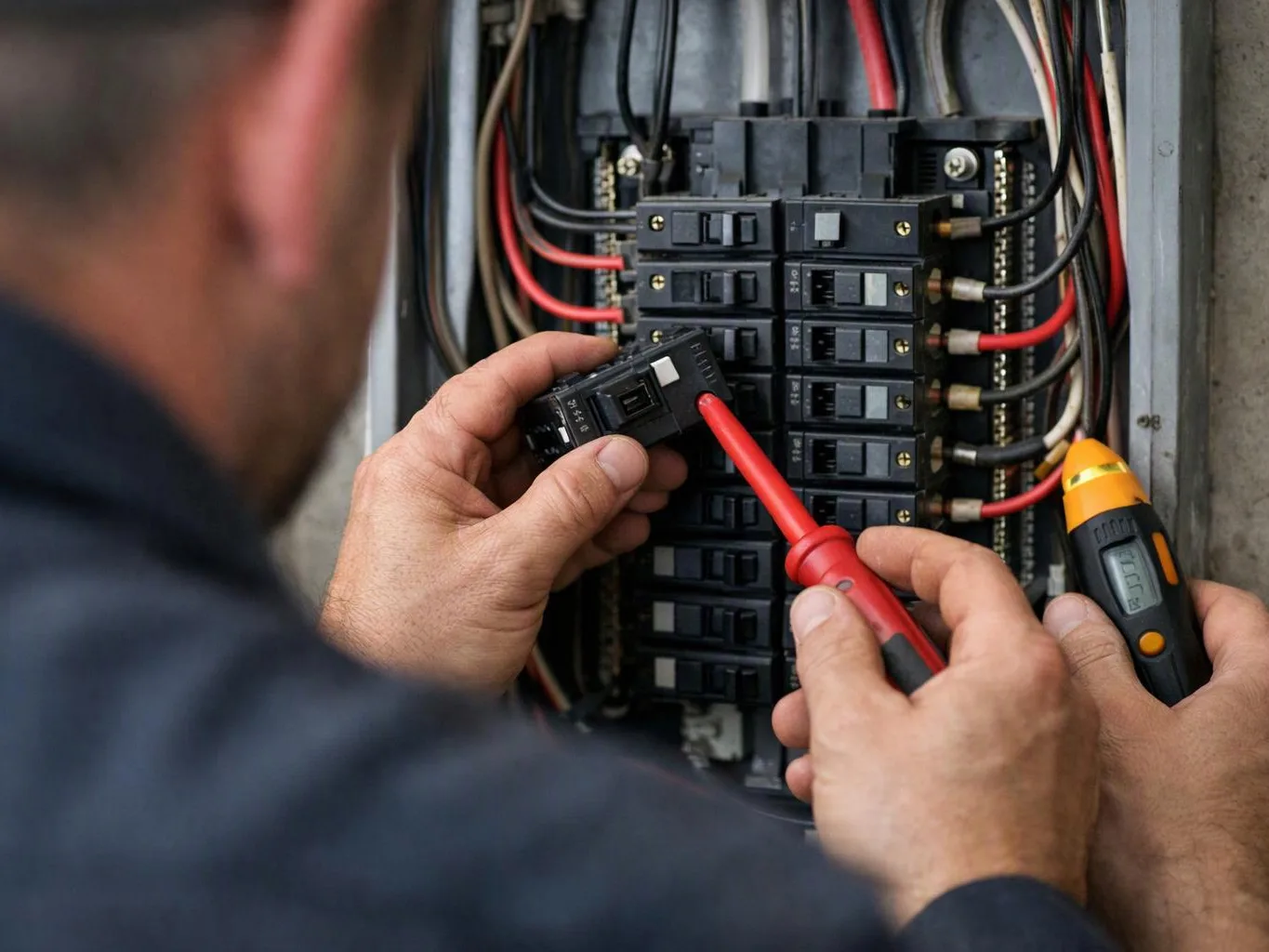 A person tests a circuit breaker panel with a red probe and handheld meter in a wiring cabinet