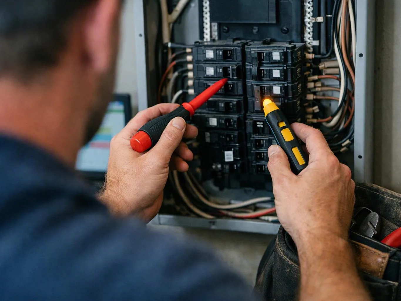 A person tests an electrical breaker panel with two voltage probes in a wiring cabinet