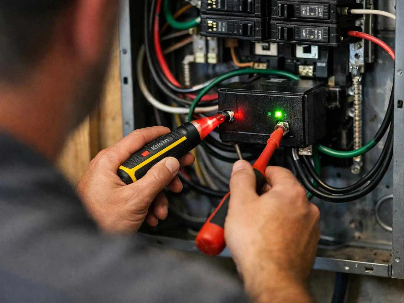 A person tests electrical wiring inside a panel with two probes and glowing indicator lights
