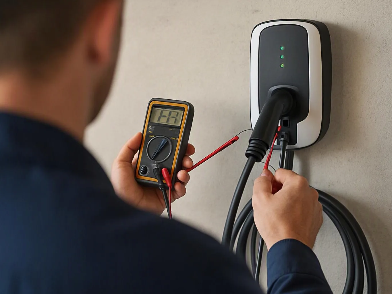 A person tests a wall-mounted electric vehicle charger with a multimeter and cables in a plain indoor setting