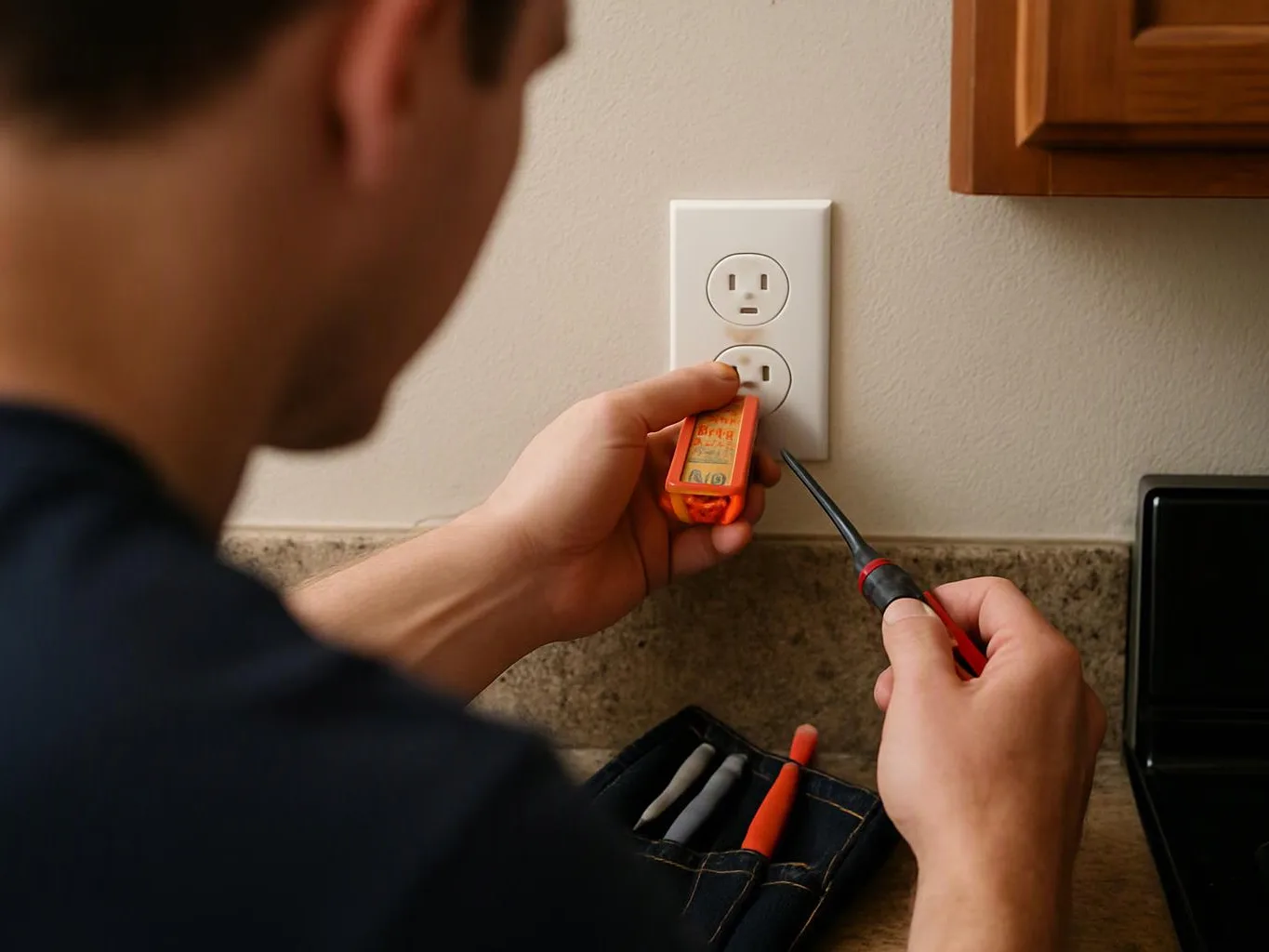A person tests a wall outlet with a screwdriver beside a kitchen counter
