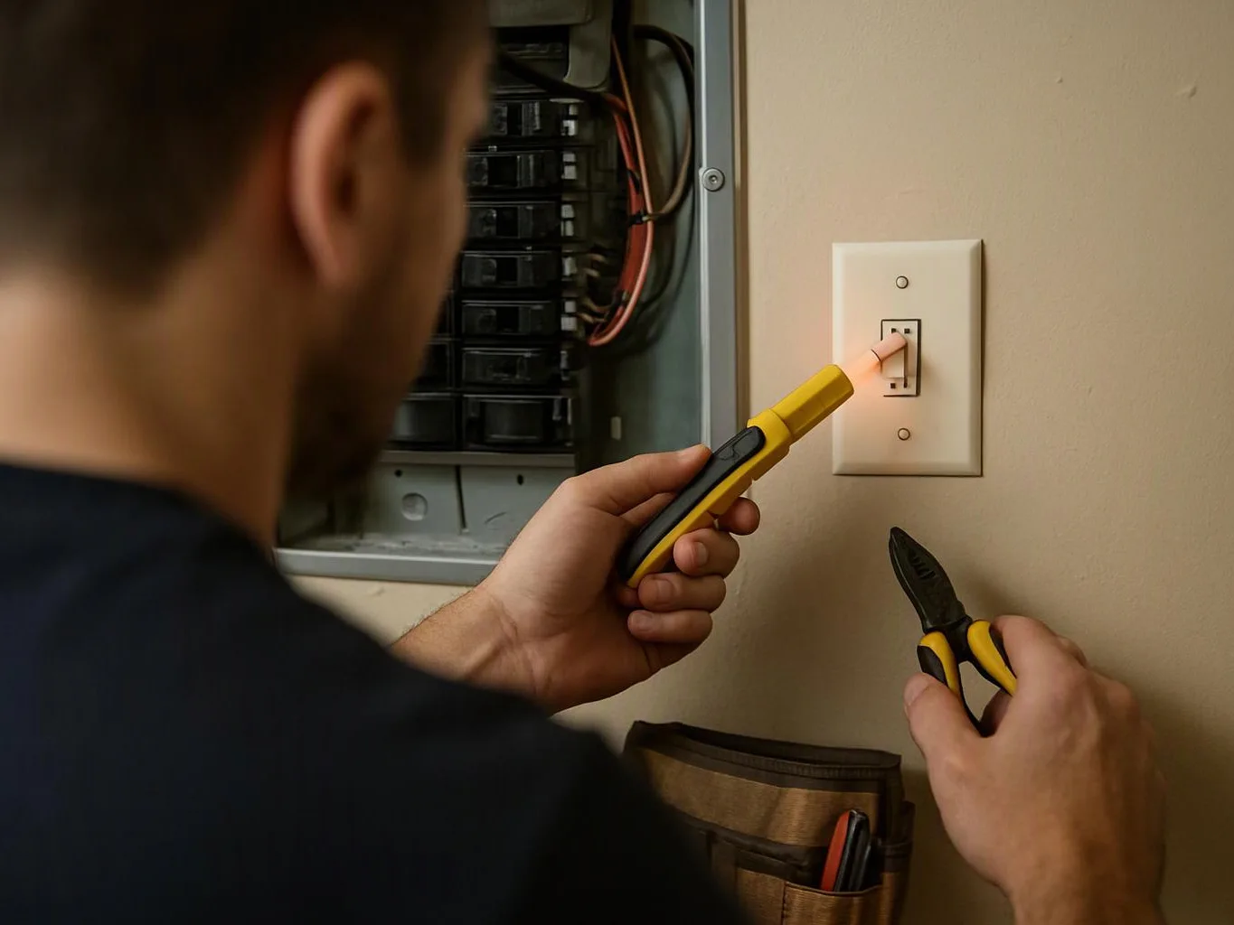 A person tests a wall outlet with a voltage tester beside an open electrical panel