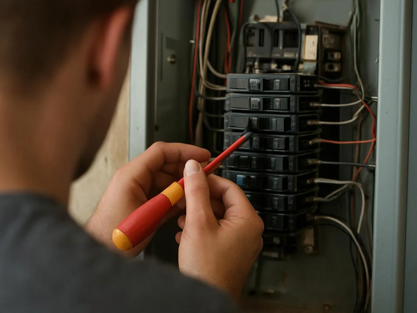 A person uses a red-handled screwdriver on a circuit breaker panel with exposed wires inside a metal cabinet