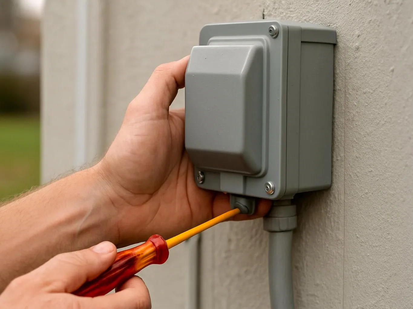 A person uses a screwdriver to open a gray electrical box mounted on an exterior wall