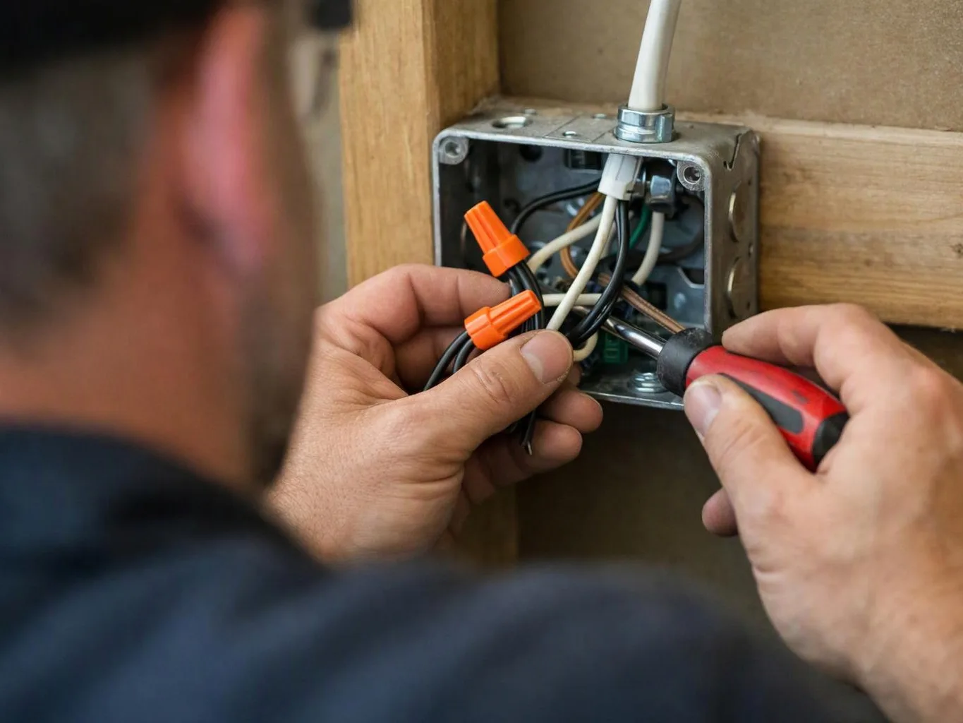 A person wires an open metal electrical box in a wooden wall with a screwdriver