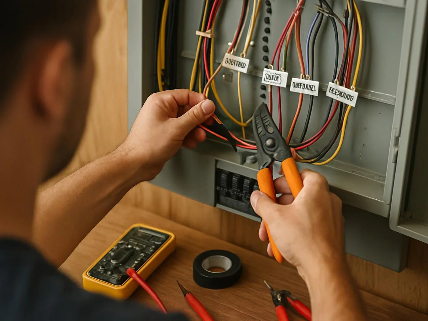 A person works inside an open electrical panel, holding orange wire cutters near labeled wires on a wooden workbench