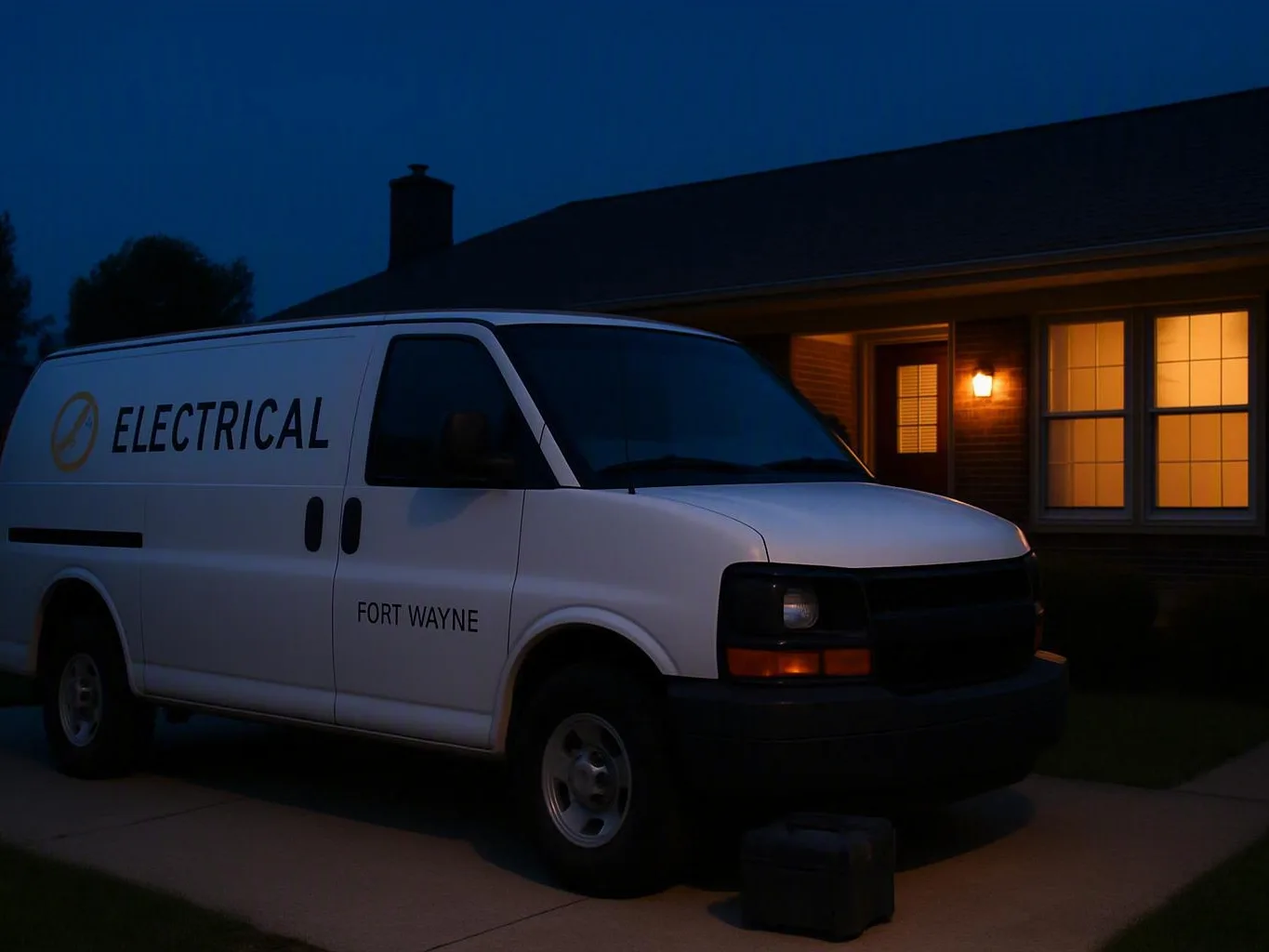 White electrical service van parked beside a lit house at dusk