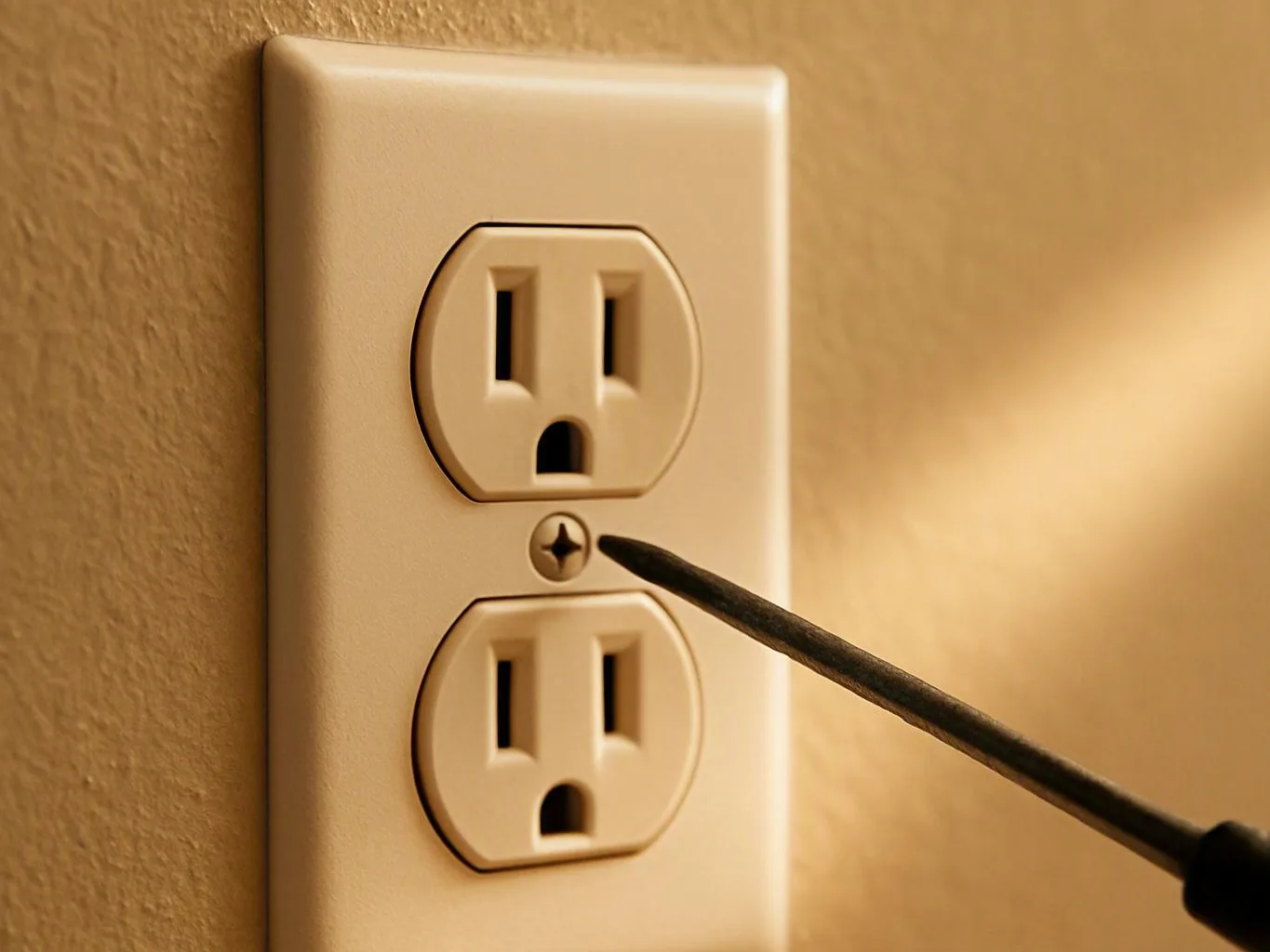 Screwdriver turning the center screw on a beige two-socket wall outlet