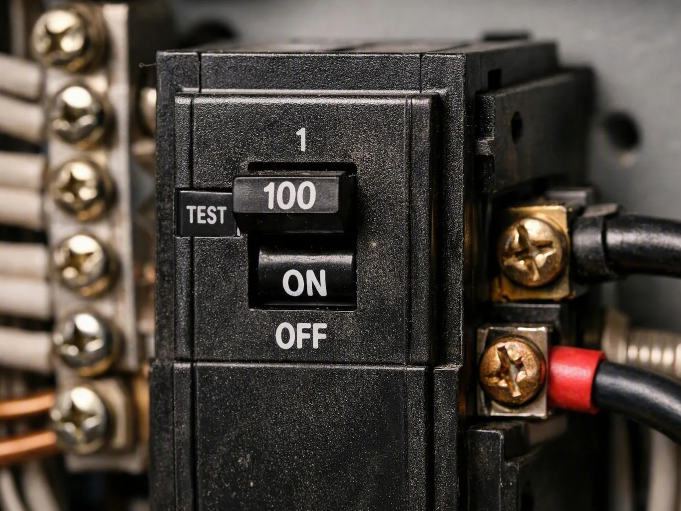 Close-up of black electrical breaker with TEST, ON, and OFF labels
