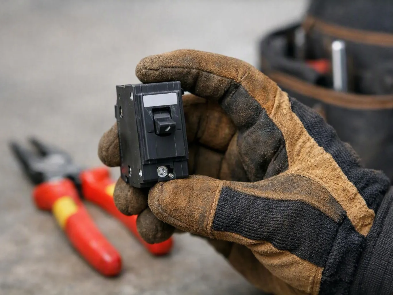 Gloved hand holds a small black circuit breaker, with red-handled pliers blurred on a workbench behind it