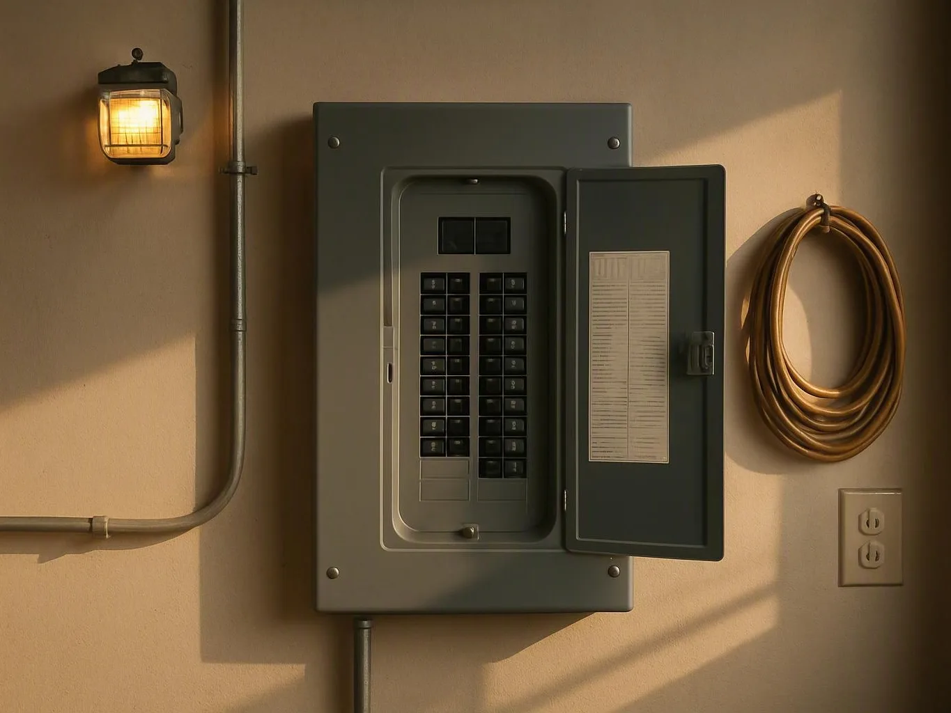 Open electrical breaker panel beside a lit lamp and coiled hose in warm light
