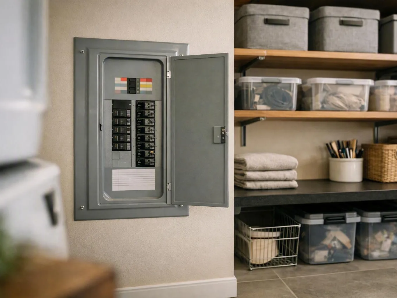 An open electrical breaker panel sits beside neatly stacked storage shelves with bins and towels