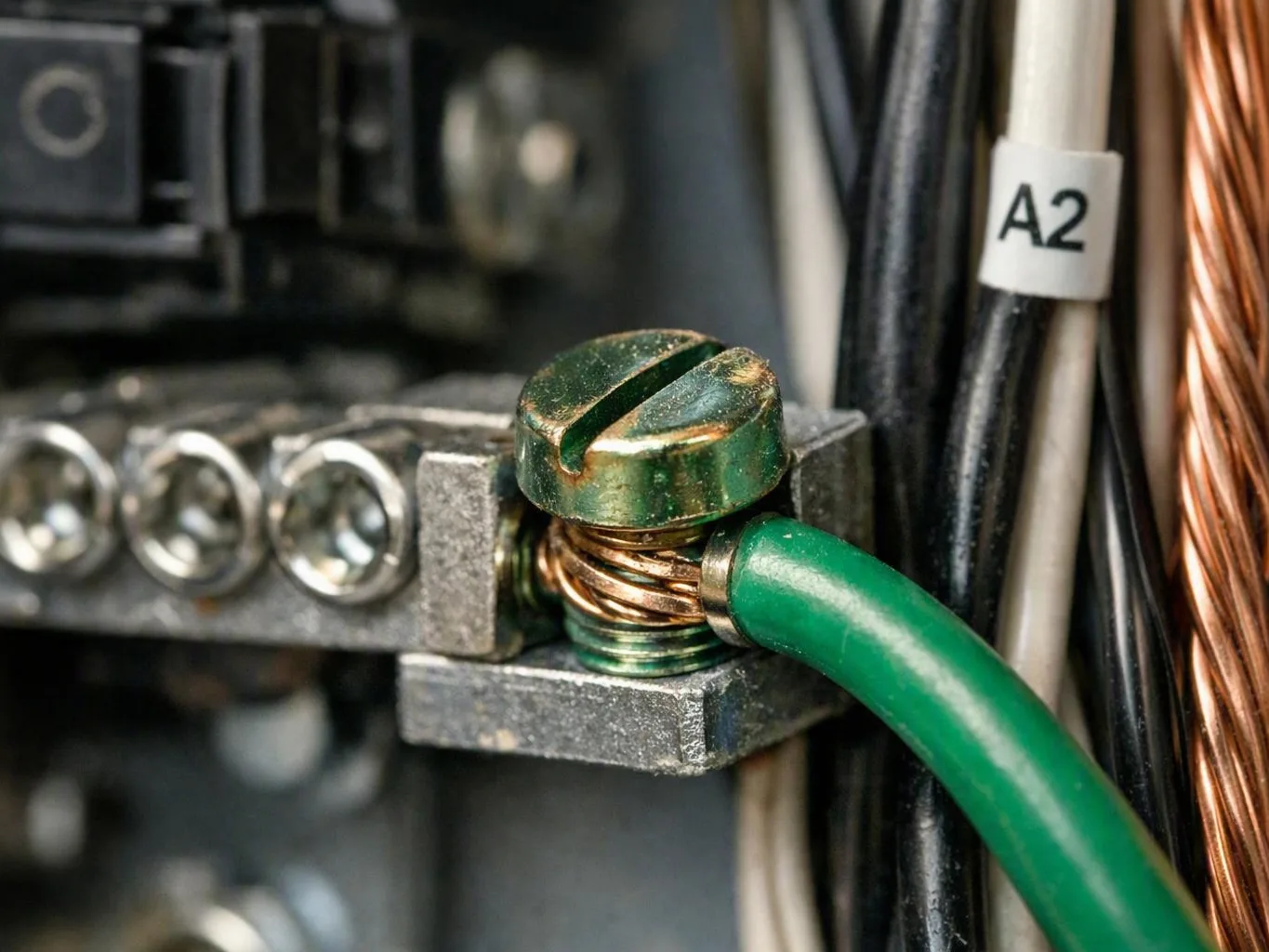 A close-up shows a green wire clamped under a brass screw in an electrical panel